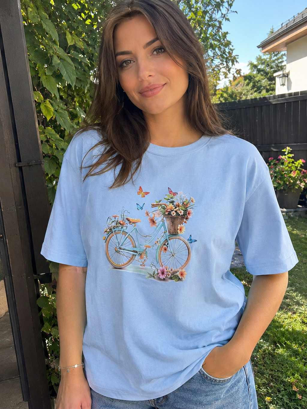 Light Blue T-shirt with Floral Bicycle Print
