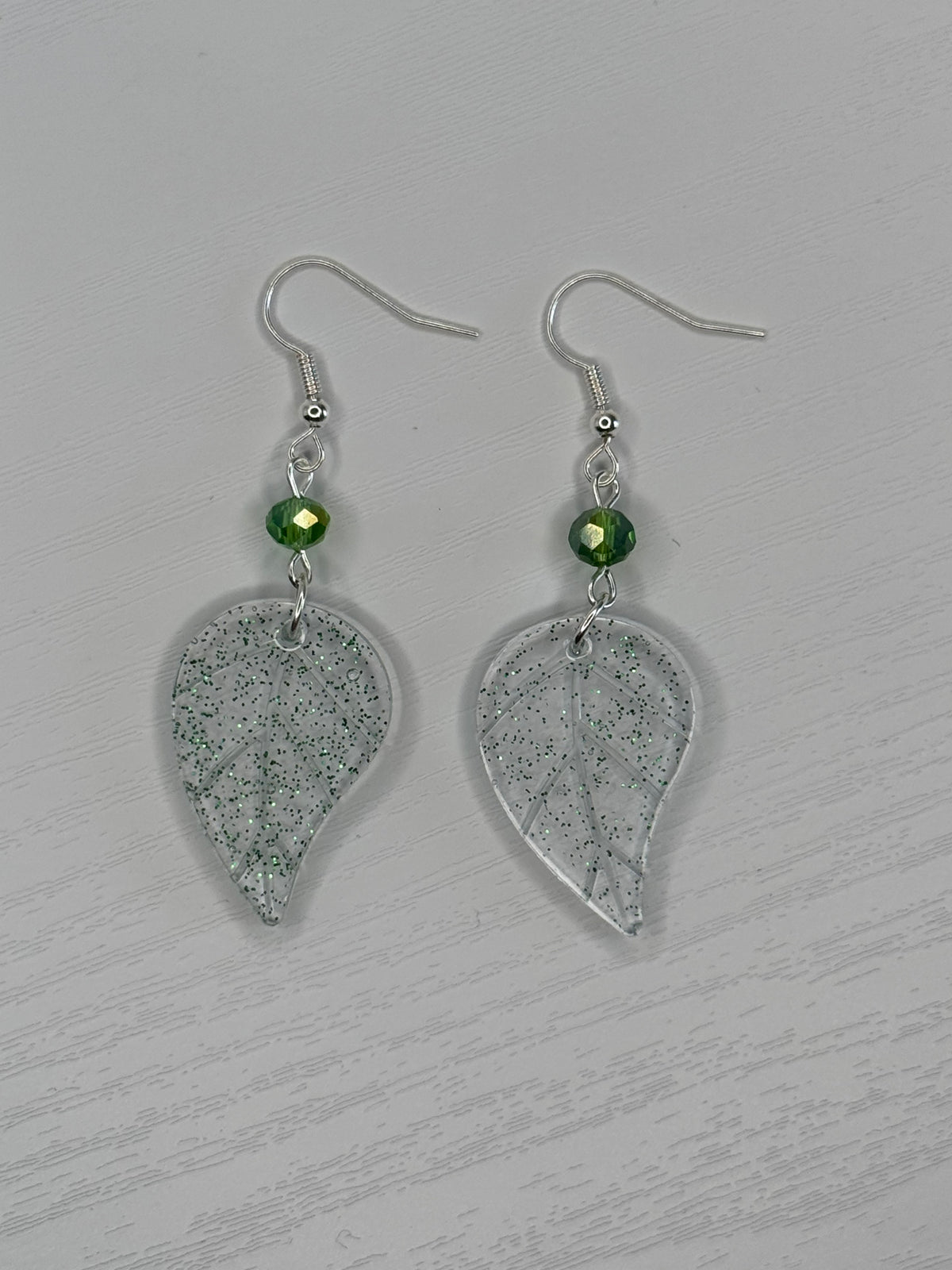 Leaf Earrings with Green Crystal Bead